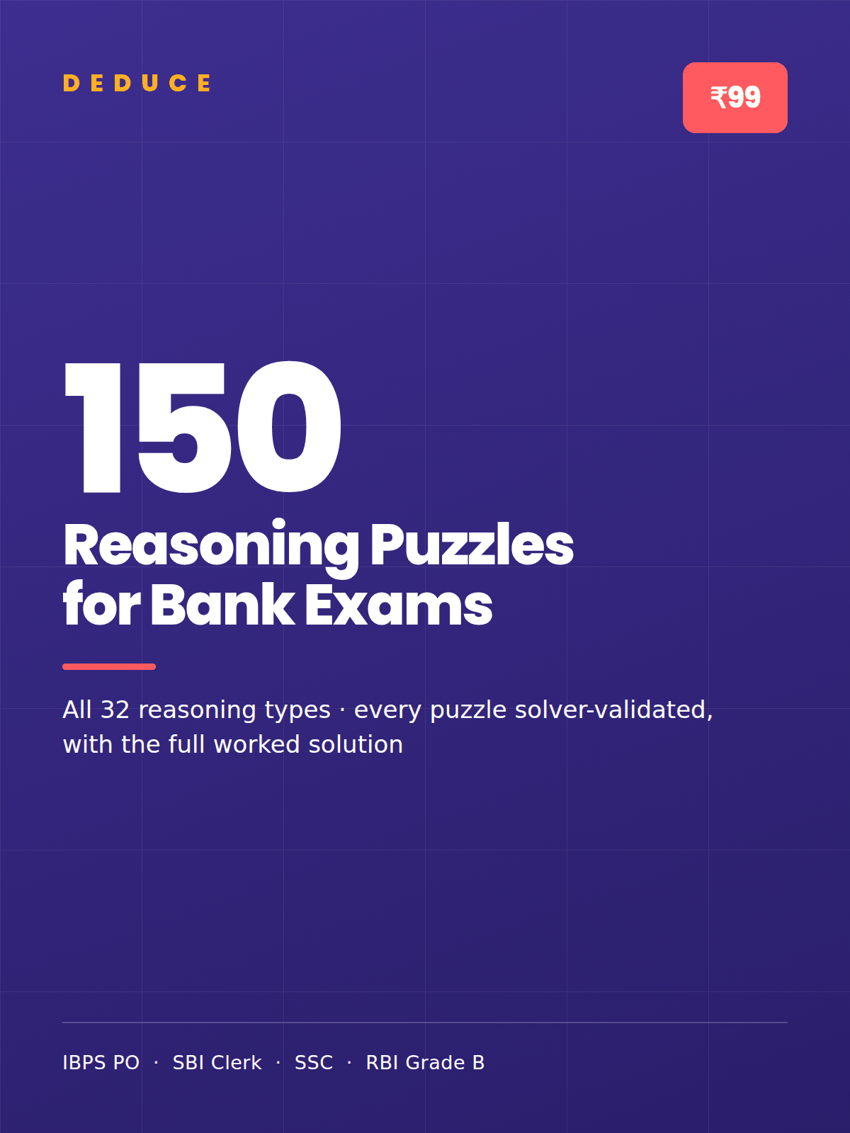 Cover of the DeducePuzzles eBook: 150 Reasoning Puzzles for Bank Exams